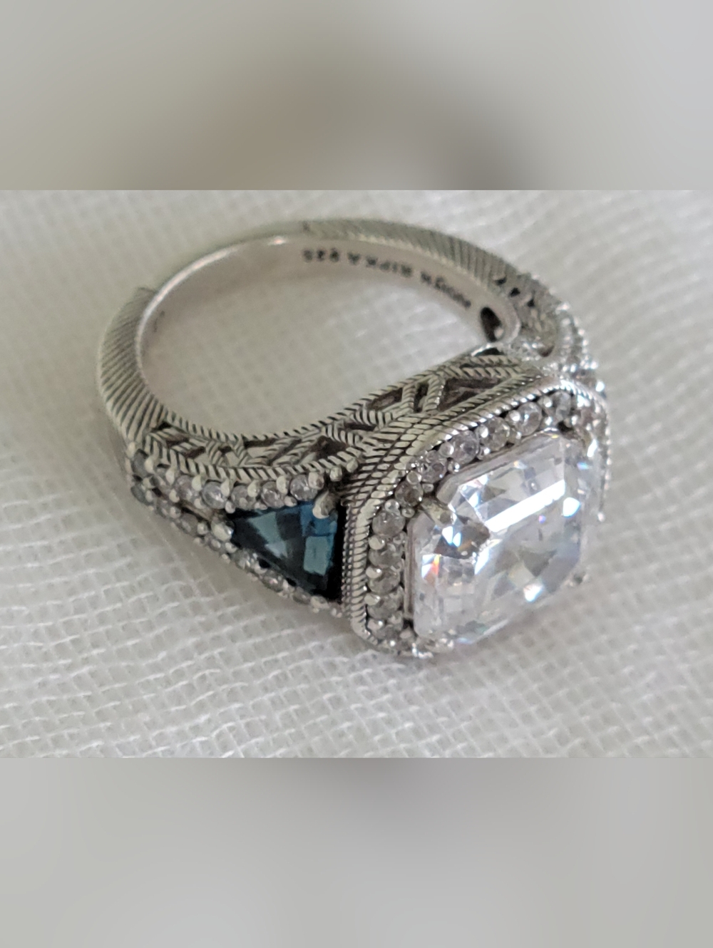Judith Ripka  Sterling 925 Cushion CZ Blue Topaz Halo Ring, SZ 6 Pre-owned